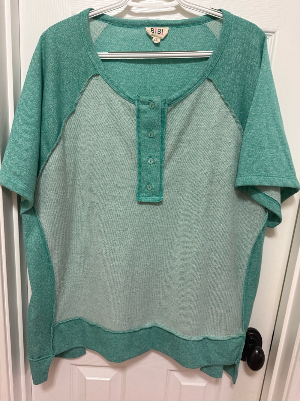 BiBi Two-Tone Teal Raglan Henley Sweatshirt